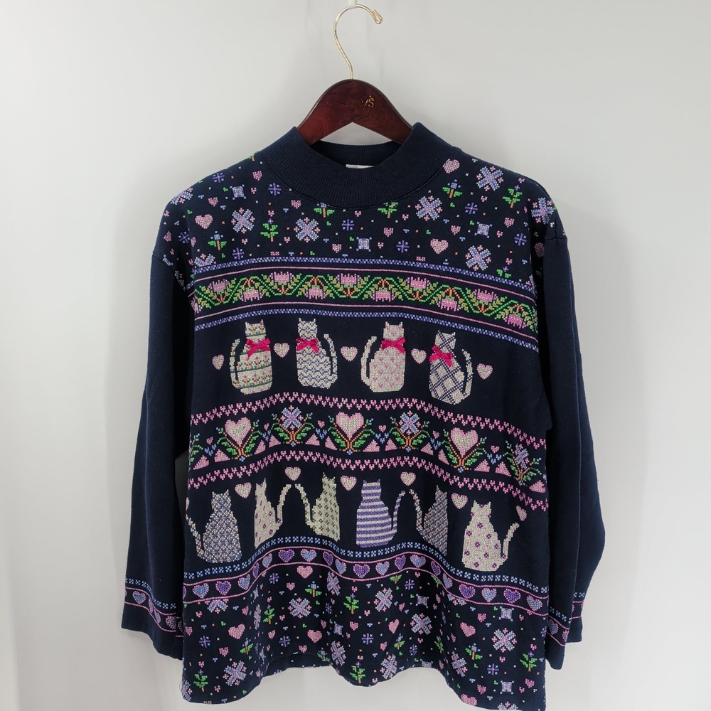 Vintage Spumoni Christmas Holiday Cat Mock-Neck Pullover Sweater Navy Blue‎